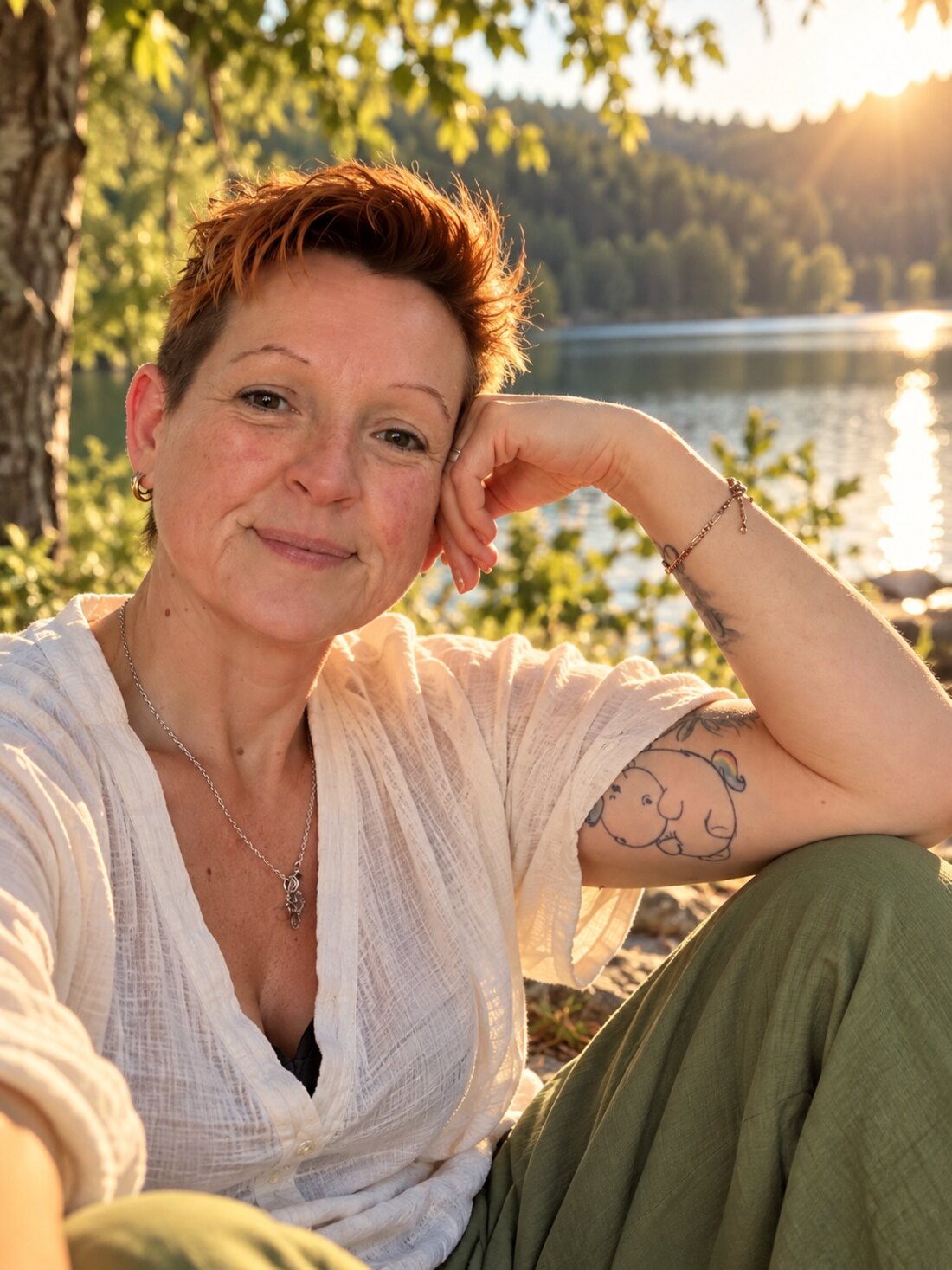 Yvonne am See im Licht der untergehenden Sonne