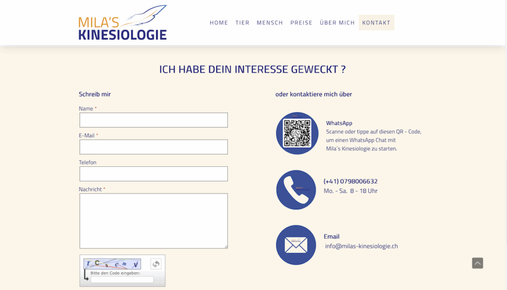 Mila´s Kinesiologie für Tier & Mensch Screenshot Website