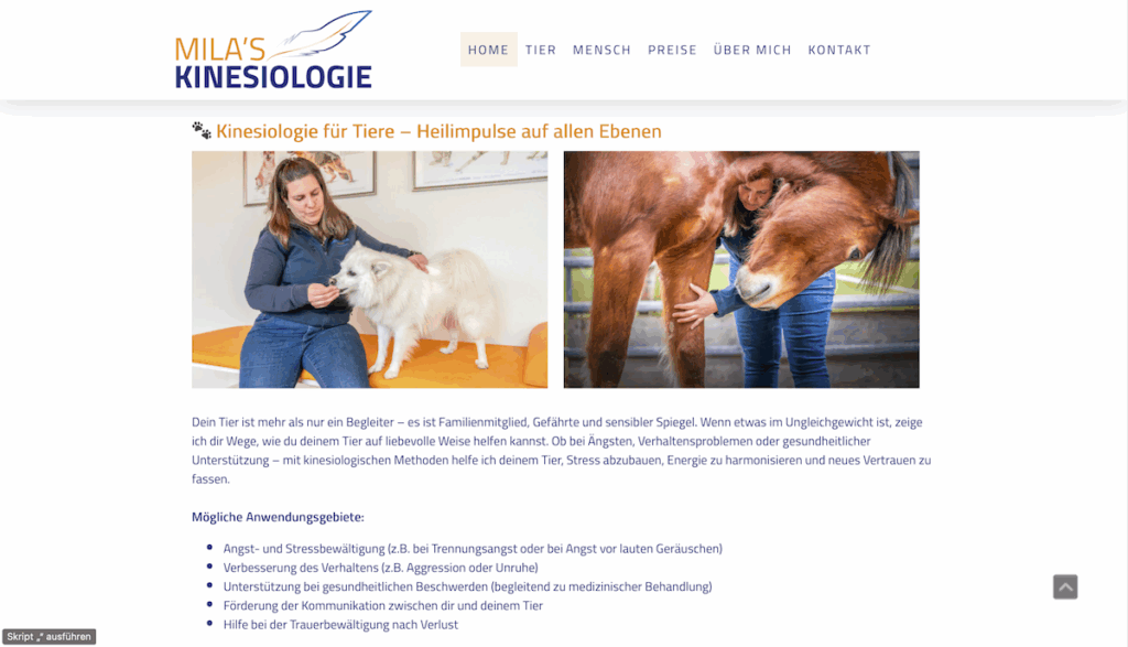 Mila´s Kinesiologie für Tier & Mensch Screenshot Website