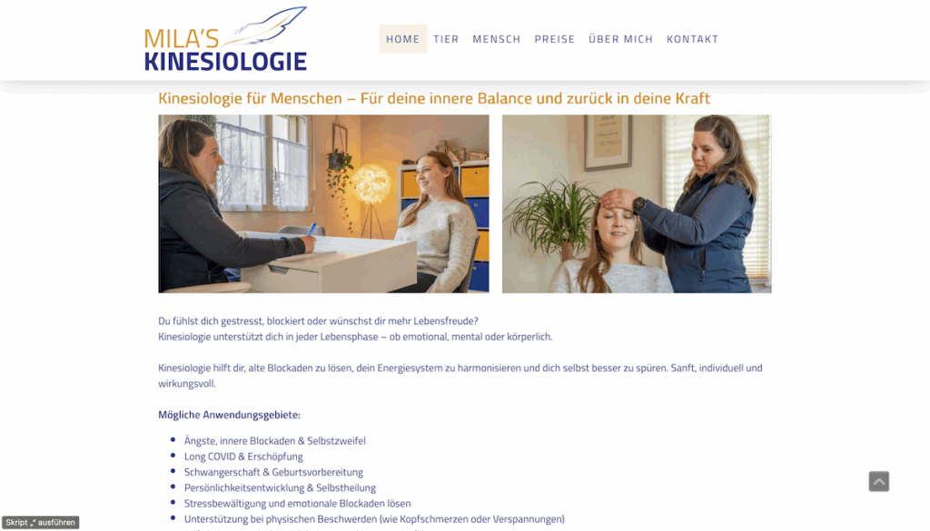 Mila´s Kinesiologie für Tier & Mensch Screenshot Website