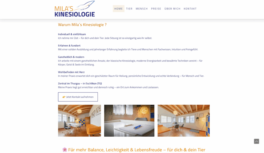 Mila´s Kinesiologie für Tier & Mensch Screenshot Website